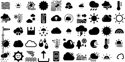 Massive Collection Of Forecast Icons Pack Hand-Drawn Solid Simple Elements Anemometer, Pensioner, Icon, Weather Forecast Glyphs Isolated On Transparent Background