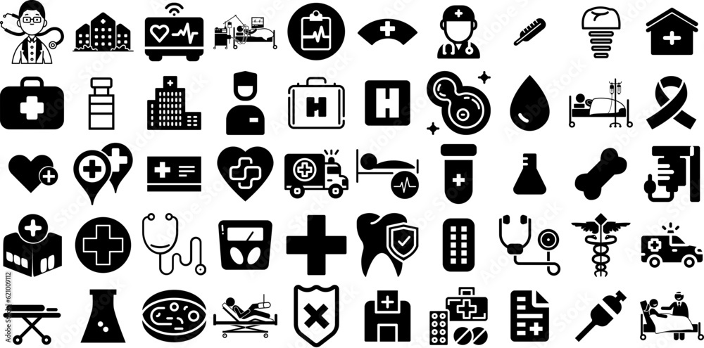 Huge Set Of Hospital Icons Pack Hand-Drawn Solid Cartoon Pictograms Patient, Symbol, Health, Icon Elements Isolated On White
