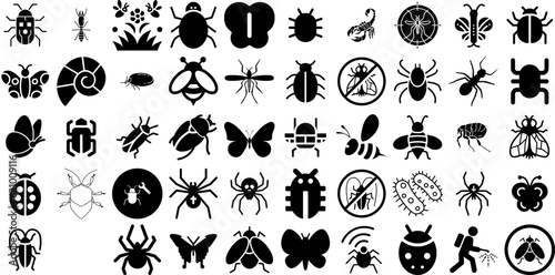 Massive Set Of Insect Icons Bundle Flat Infographic Elements Icon, Pest, Bug, Unhygienic Logotype Isolated On White photo