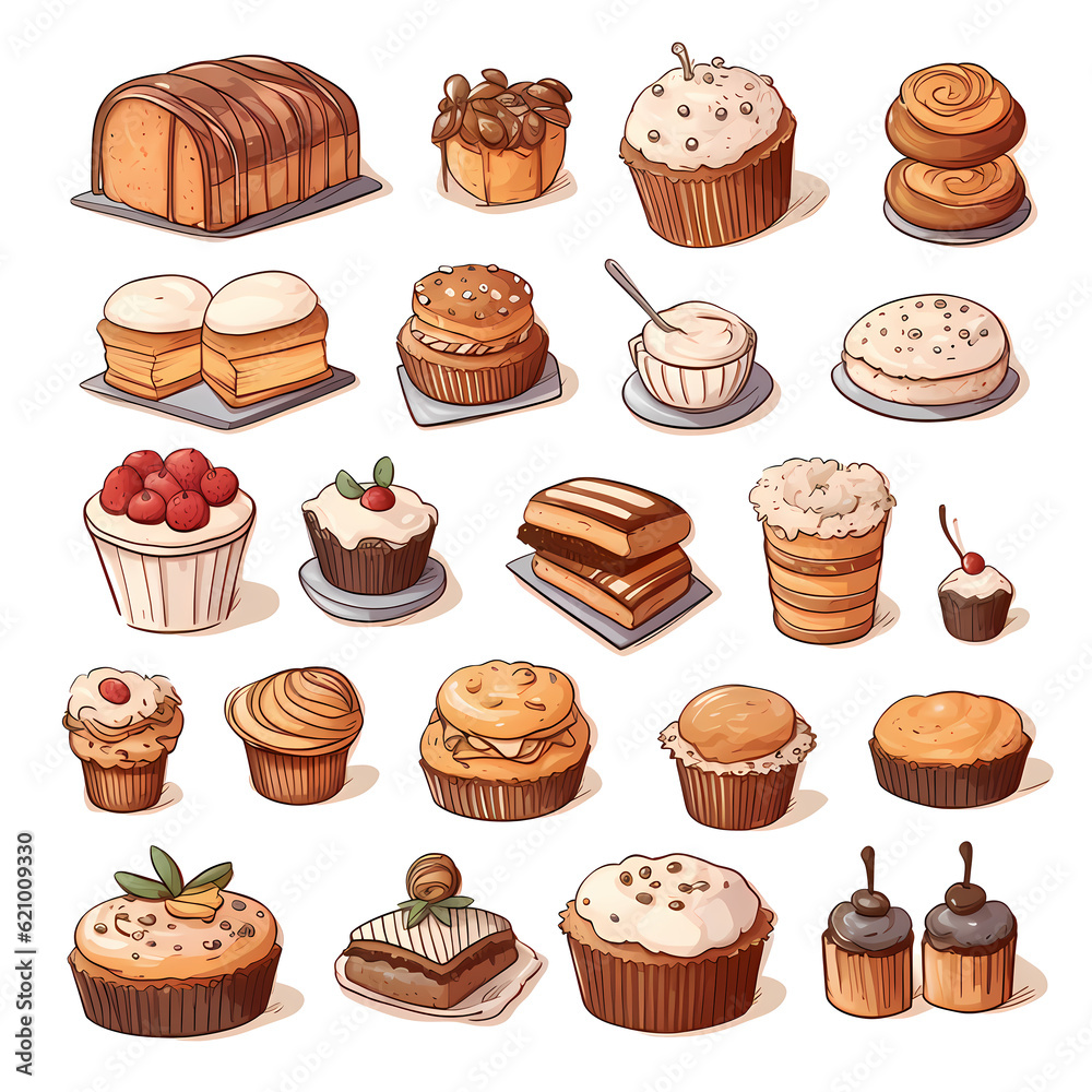Set of cartoon bakery isolated, Hand drawn style Set of cartoon bakery isolated, Hand drawn style