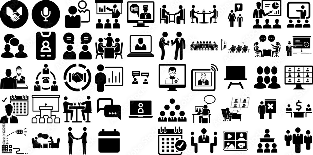 Big Set Of Meeting Icons Pack Isolated Design Glyphs Victory, Team, Icon, Silhouette Glyphs Isolated On Transparent Background