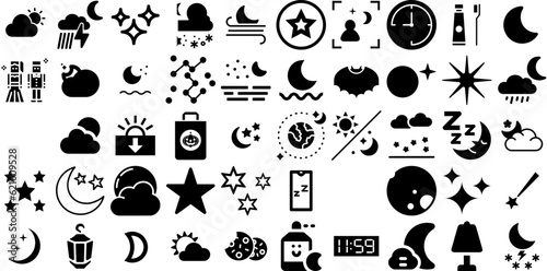 Big Set Of Night Icons Set Hand-Drawn Black Drawing Elements Dream, Forecast, Symbol, Icon Doodles Vector Illustration