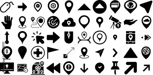 Mega Set Of Pointer Icons Set Hand-Drawn Black Vector Silhouette Three-Dimensional, Interface, Distance, Icon Illustration Isolated On Transparent Background