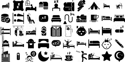 Mega Set Of Sleep Icons Collection Flat Modern Signs Dream, Glyphs, Icon, Symbol Pictogram Vector Illustration