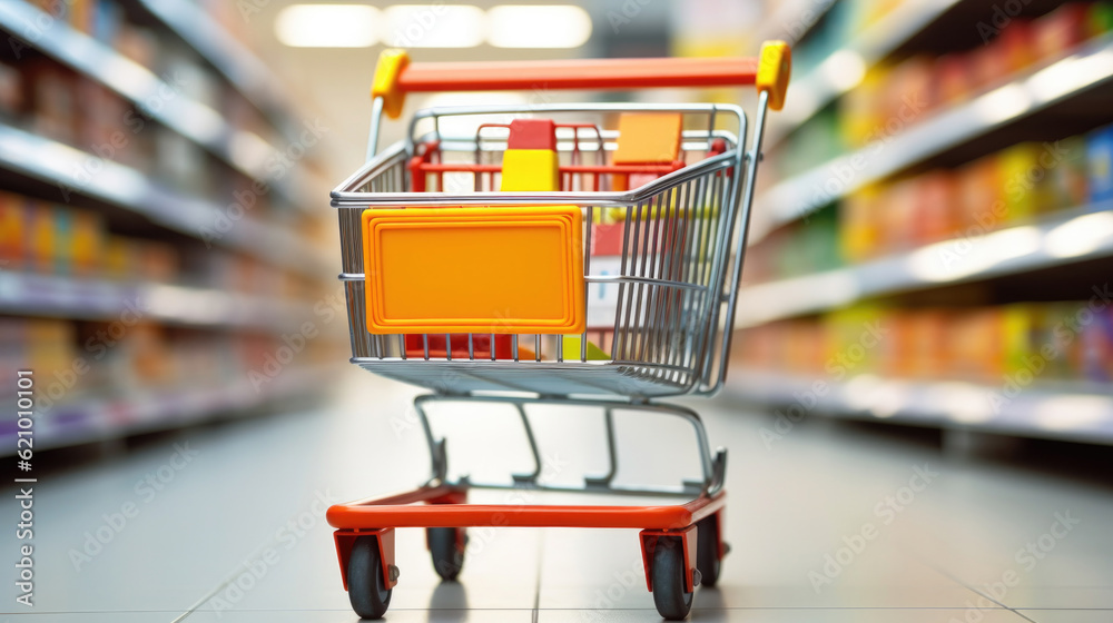Supermarket aisle with empty red shopping cart Supermarket aisle with empty red shopping cart