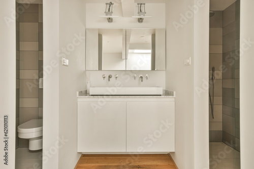 a white bathroom with wood flooring and mirrors on the wall above the sink  along with a toilet in the door is open