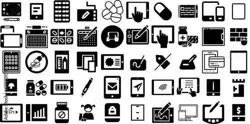 Huge Set Of Tablet Icons Set Black Vector Silhouettes Pill, Box, Icon, Personal Computer Pictogram For Apps And Websites photo
