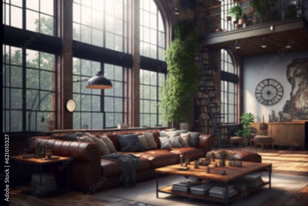 Fototapeta premium Modern design interior hotel with big window. Generative AI