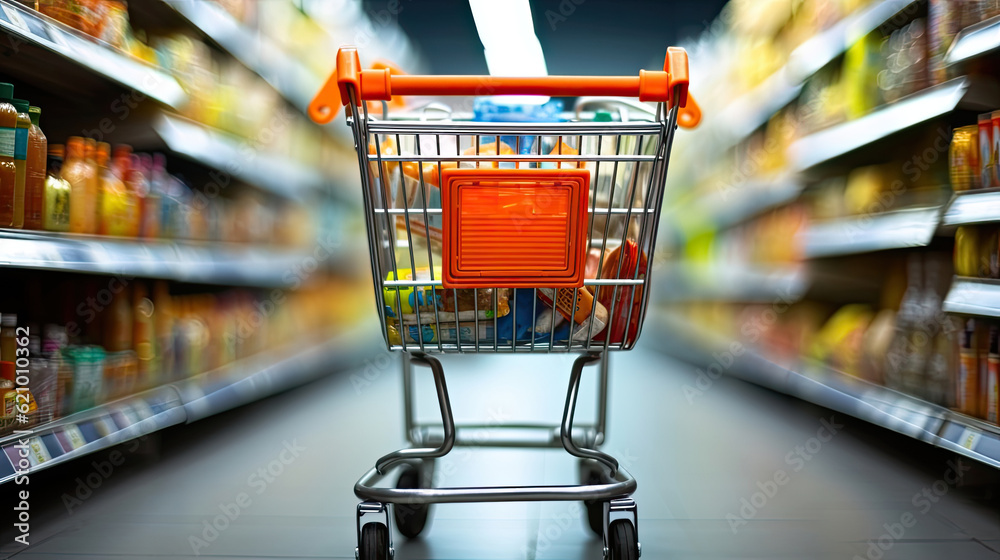 Supermarket aisle with empty red shopping cart Supermarket aisle with empty red shopping cart
