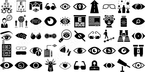 Huge Set Of Vision Icons Set Hand-Drawn Solid Design Silhouettes Vision, Icon, Magnifier, Symbol Pictograms Isolated On Transparent Background