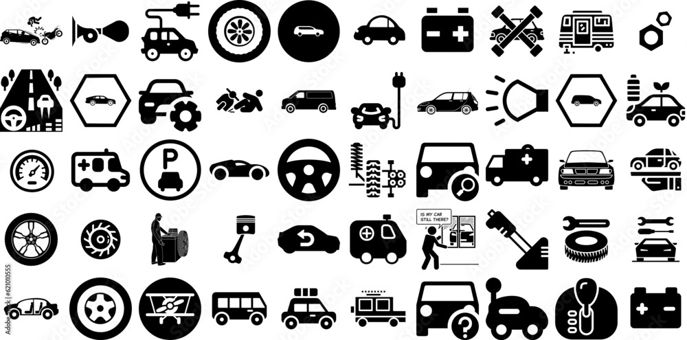 Big Set Of Car Icons Collection Hand-Drawn Solid Drawing Elements Laundered, Mark, Slow, Yacht Elements Vector Illustration