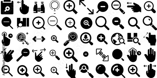 Huge Set Of Zoom Icons Pack Hand-Drawn Solid Simple Signs Vision  Icon  Magnifying Glass  Symbol Glyphs Isolated On Transparent Background