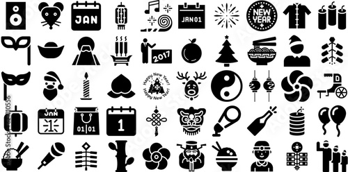 Huge Set Of Year Icons Collection Black Cartoon Symbol Silhouette, Icon, Chinese, Character Buttons Isolated On Transparent Background
