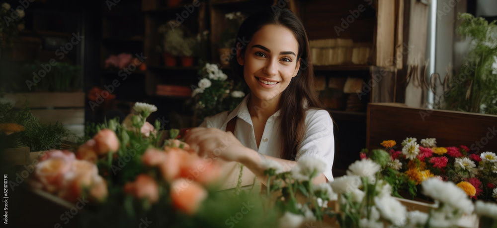 Latin Hispanic Florist with Fresh Plants and Flowers. Generative AI