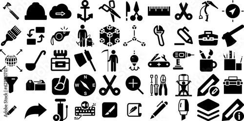 Big Set Of Tool Icons Bundle Hand-Drawn Black Modern Clip Art Engineering  Tool  Set  Trimming Logotype Isolated On White