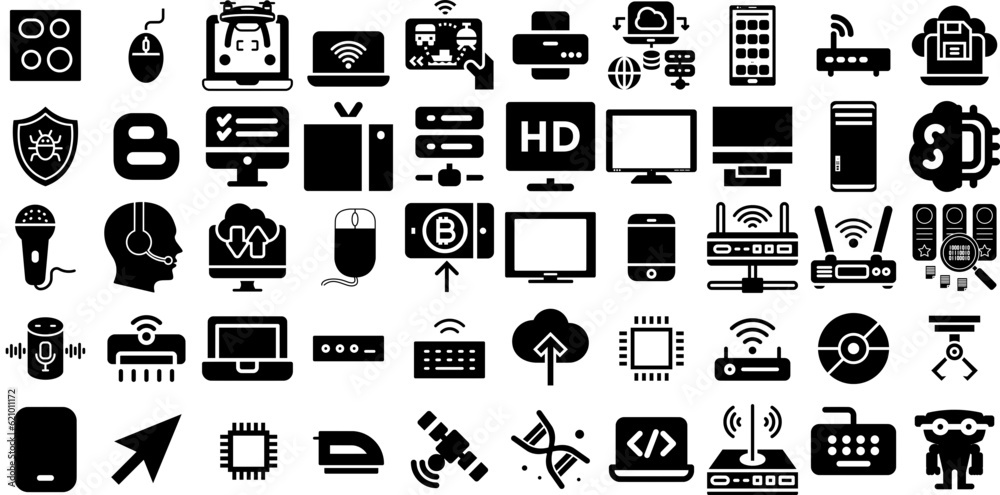 Vetor de Mega Collection Of Technology Icons Pack Hand-Drawn Solid ...