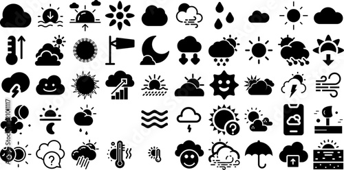 Huge Collection Of Weather Icons Bundle Solid Concept Symbols Icon, Symbol, Forecast, Weather Forecast Element Isolated On White Background