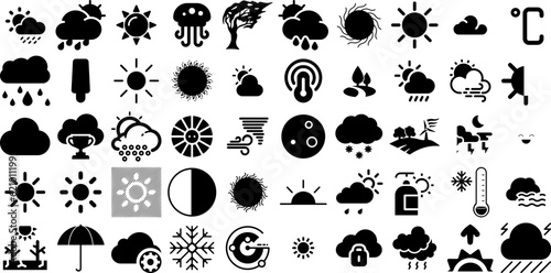 Big Set Of Weather Icons Collection Hand-Drawn Isolated Drawing Glyphs Icon, Symbol, Weather Forecast, Forecast Logotype Isolated On White Background