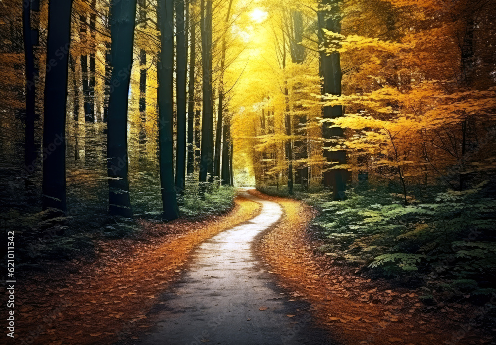 Naklejka premium Beautiful autumn landscape in the forest. Road through the autumn forest. High quality photo