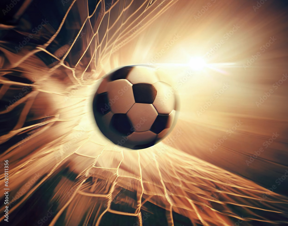 Fototapeta premium A soccer ball lands in the net of a goal during a match. Generative AI