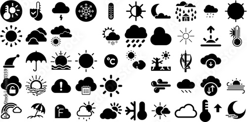 Mega Set Of Weather Icons Set Hand-Drawn Black Modern Symbols Forecast, Symbol, Weather Forecast, Icon Element Isolated On White Background