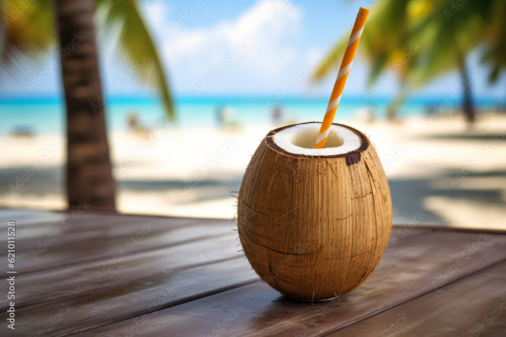 Free photo coconut cocktail with drinking straw on a palm tree in the beach photography