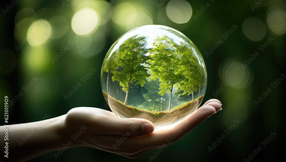 Close up of human hands holding glass globe with forest inside. High quality photo