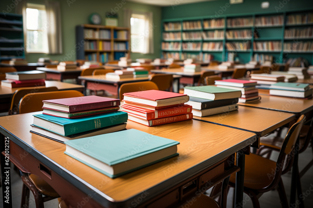 Fototapeta premium Empty classroom with textbooks and notebooks neatly arranged on each desk, empty classroom, School, Back to School Generative AI