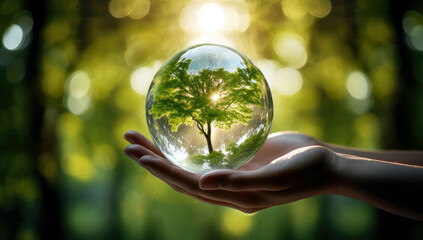 Human hand holding glass ball with tree inside. Environment conservation concept. High quality photo