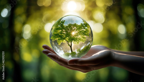 Human hand holding glass ball with tree inside. Environment conservation concept. High quality photo