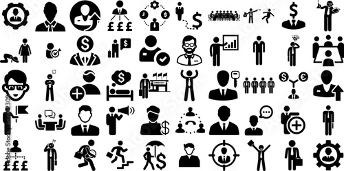 Huge Set Of Businessman Icons Bundle Hand-Drawn Solid Drawing Silhouette Catering, Silhouette, Infographic, Icon Pictogram For Computer And Mobile