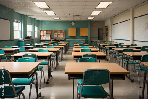 Wide shot of an empty classroom with chairs stacked on desks, indicating the end of the school day, empty classroom, School, Back to School Generative AI