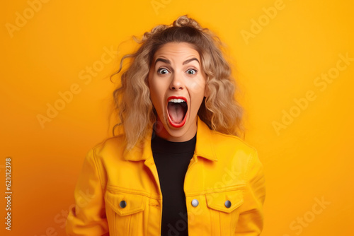 Youthful woman exclaiming joyfully against a vibrant yellow background. Generative AI