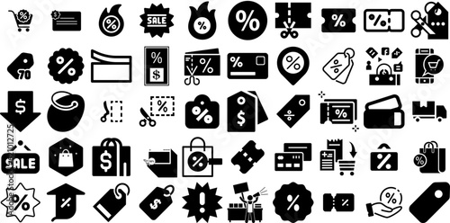 Big Collection Of Discount Icons Pack Isolated Concept Silhouette Discount, Icon, Ribbon, Symbol Glyphs Isolated On White