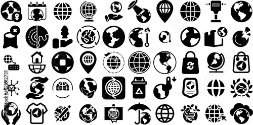 Huge Collection Of Earth Icons Bundle Isolated Infographic Web Icon Global, Silhouette, Generator, Set Element For Computer And Mobile