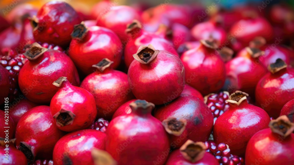 Colorful Heap of Pomegranate Garnet Fruit at a Bountiful Market. Generative AI