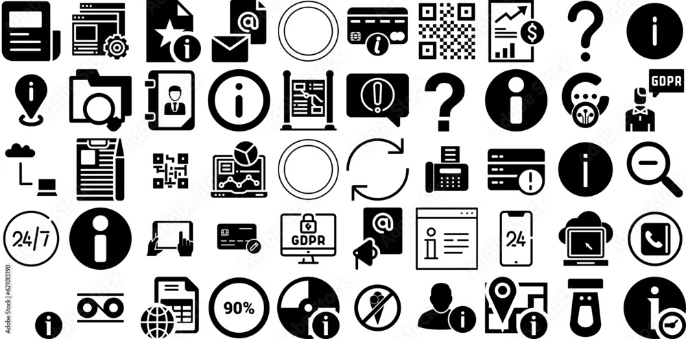 Huge Set Of Information Icons Set Hand-Drawn Solid Design Elements Coin, Identification, Extension, Patient Clip Art For Apps And Websites