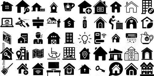 Huge Set Of House Icons Collection Black Infographic Silhouettes Roof, Tool, Mark, Silhouette Pictograms Isolated On White Background