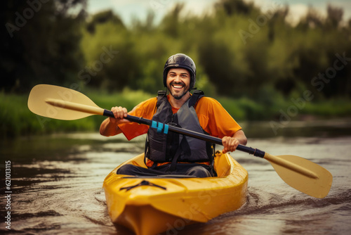 Exhilarated Man Finds Bliss While Kayaking Down a River. Generative AI