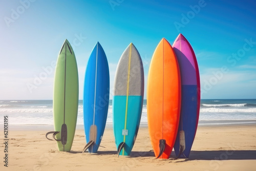 Colorful Surfboards at the Beach. Generative AI © Andrii 