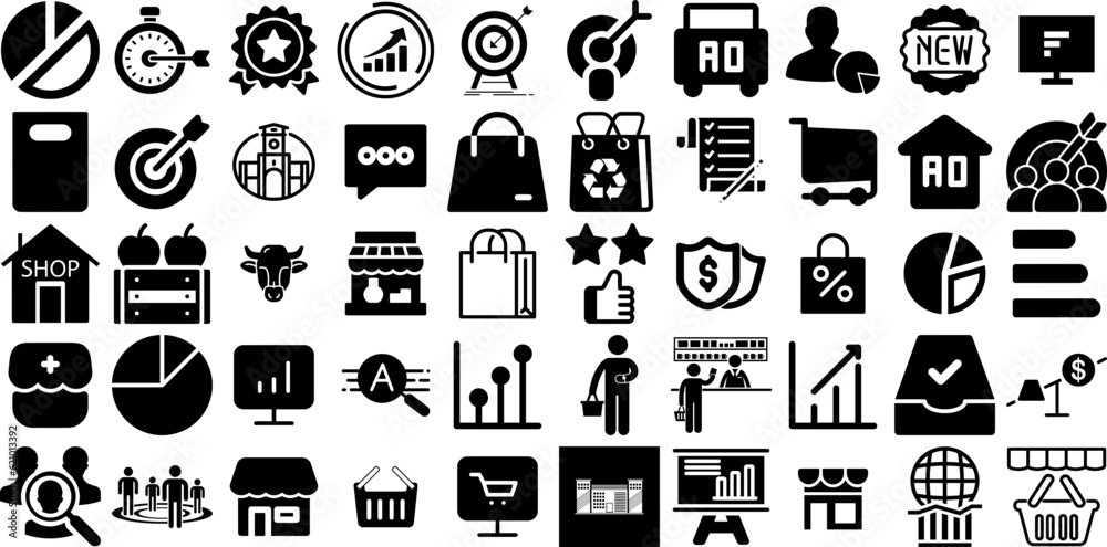 Mega Collection Of Market Icons Set Hand-Drawn Black Concept Symbols Distribution, Trading, Interface, Icon Graphic Isolated On White