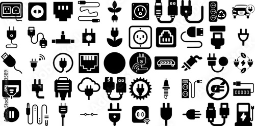 Huge Collection Of Plug Icons Bundle Linear Cartoon Glyphs Outlet, Mains Outlet, Icon, Symbol Silhouette Vector Illustration