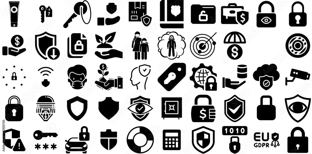 Big Collection Of Protection Icons Pack Hand-Drawn Isolated Vector Symbols Mark, Health, Set, Optical Symbols Isolated On White Background