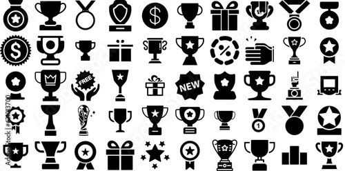 Massive Set Of Prize Icons Bundle Flat Modern Symbol Wheel, Rank, Gambling, Rugby Silhouette Isolated On White
