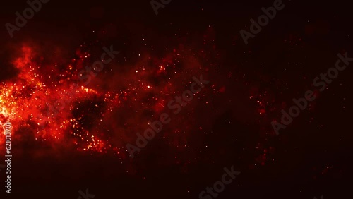 3D animation. Burning red hot sparks rise from large fire seamless loop. Background of bonfire, light and life. Fiery orange glowing flying ember particles on black background