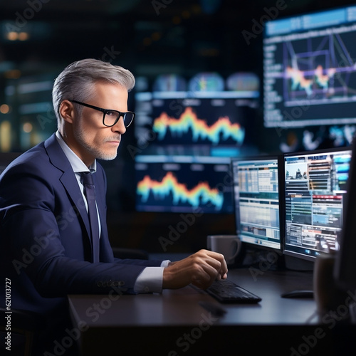 businessman working on computer screen news source, day trader, smart worker, Ai generated 