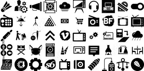 Massive Set Of Set Icons Set Flat Concept Signs Processing, Gun, Database, Tool Buttons Isolated On White Background