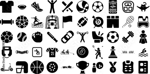 Huge Collection Of Sport Icons Pack Hand-Drawn Isolated Concept Glyphs Silhouette, Tool, Court, Health Illustration Isolated On White Background photo