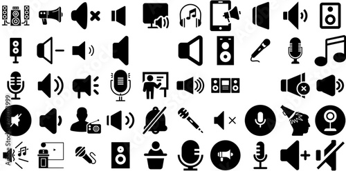 Big Set Of Speaker Icons Set Hand-Drawn Linear Drawing Pictograms Distribution, Icon, Symbol, Glyphs Illustration Isolated On White
