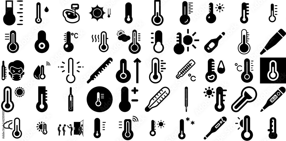 Mega Collection Of Thermometer Icons Bundle Hand-Drawn Black Design Clip Art Icon, Measurement, Tool, Low Illustration For Computer And Mobile - obrazy, fototapety, plakaty 